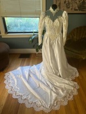 80s Satin, Lace, Sequin  Beaded Wedding Dress with Veiled Hat