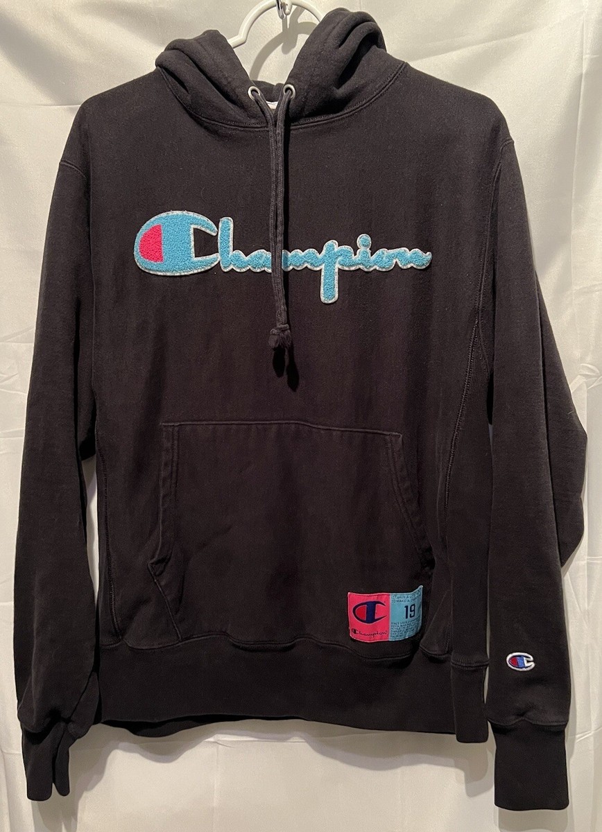 Vintage Champion Reverse Weave Black Hoodie Blue Pink Text Sweatshirt Sz  Medium | eBay
