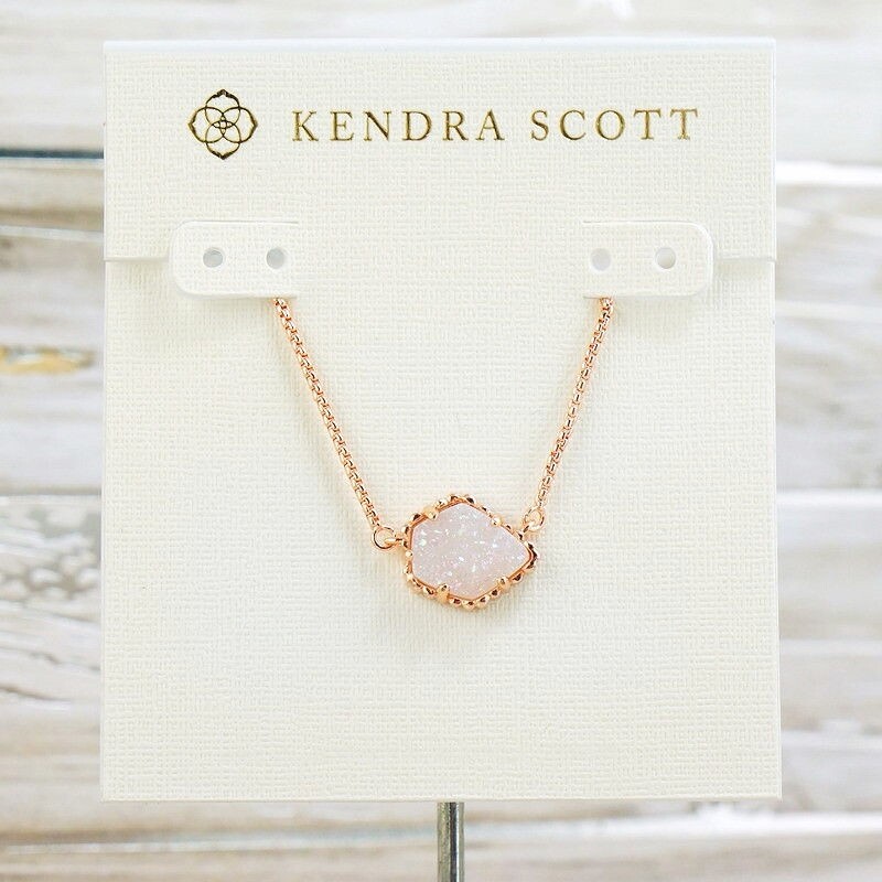 NWT Kendra Scott Tess White Iridescent Drusy Pendant Necklace Rose Gold Tone