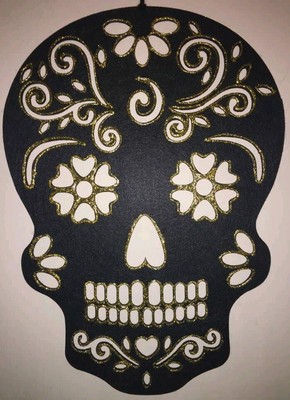 Hand Painted Sugar Skull Wall Hanging (Gold glitter) - 16.5'' Tall x 12'' Wide