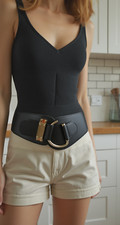 Women Black Faux Leather Western Fashion Elastic Waistband Belt Hook Buckle S M
