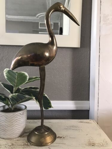 MODERN MID CENTURY LARGE BRASS FLAMINGO BIRD CRANE 23.5" X 10" STATUE SCULPTURE - Picture 4 of 6