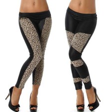 Damen Wetlook Leggings Leopard Slim Stretch sexy Bodycon Glanz Shiny 36 38