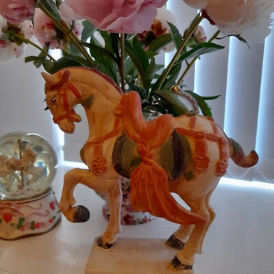 Vintage Shabby Chic Distressed Keramik Karussell handbemalt Handarbeit Pferd Figur