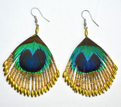 Ohrringe Pfauenfeder Peacock Feather Earrings  Design, OVP, L 8 cm