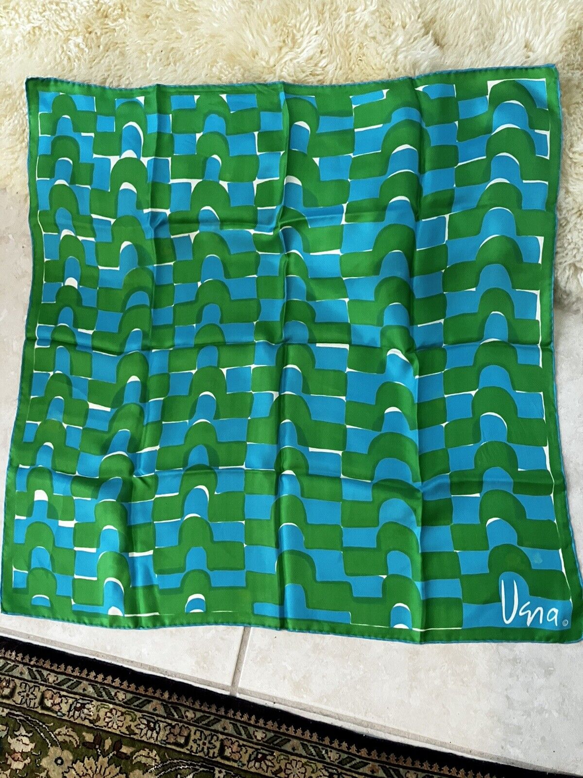 VERA Neumann Vintage 60s Blue Green Geometric Mod Silk Scarf Japan Hand Rolled