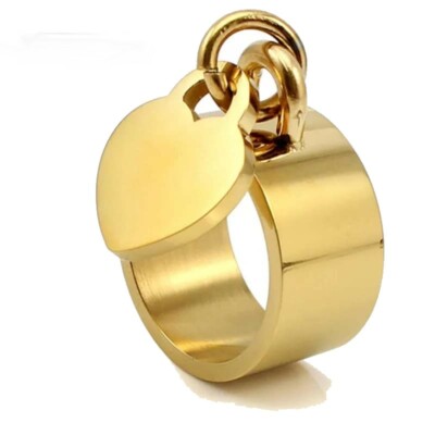 Bague breloque anneau cœur pendentif acier inoxydable plaqué or