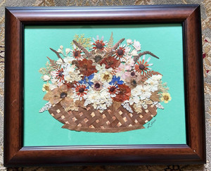 Pressed Flowers in Basket Original Framed Art Cottage Core 16 x 13 inch