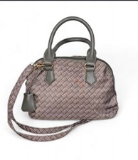 HAPPY WAHINE Gray Brown Nylon Woven Print Satchel Crossbody Bag Detachable Strap