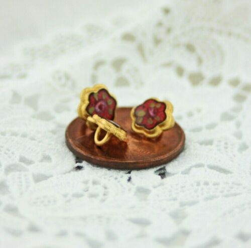 Set of 3 Antique Gold Diminutive Size Cranberry Red Enamel Pink Rose Buttons - Picture 4 of 10