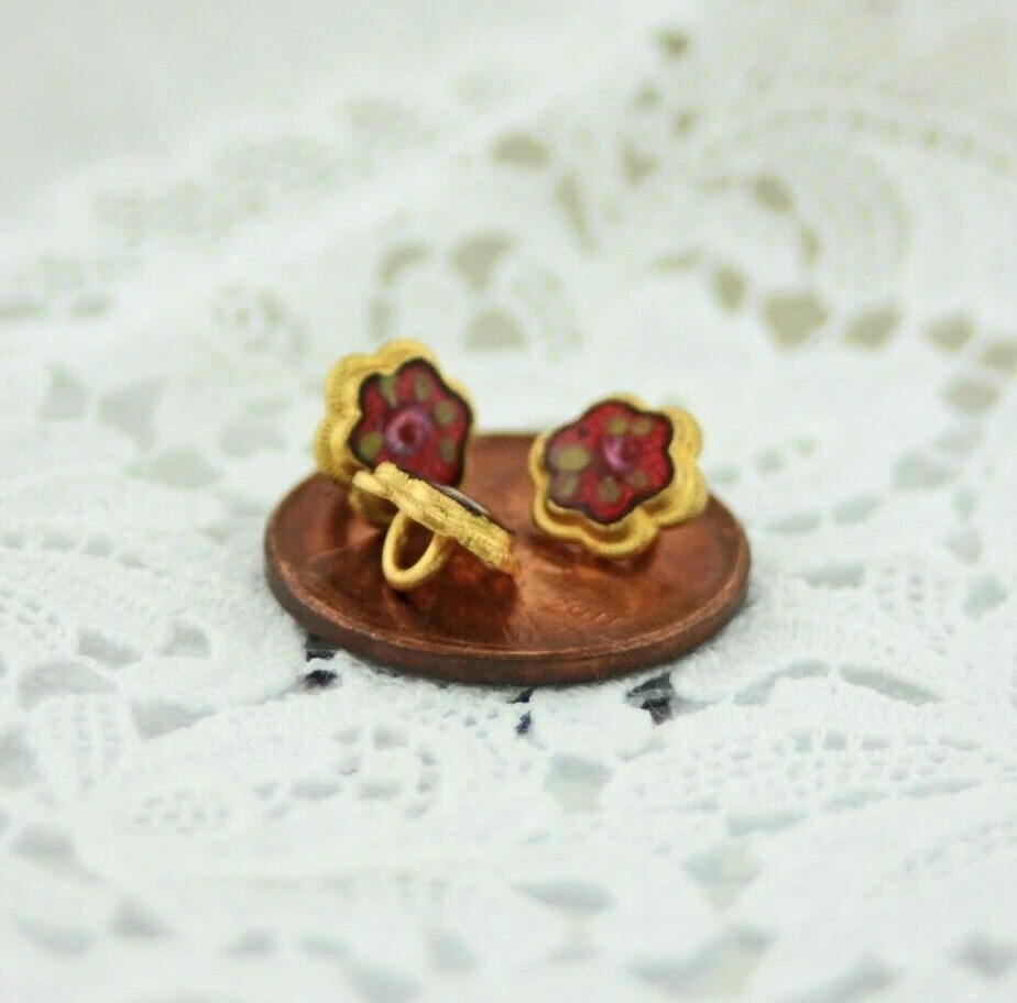 Set of 3 Antique Gold Diminutive Size Cranberry Red Enamel Pink Rose Buttons  - Image 4 of 4