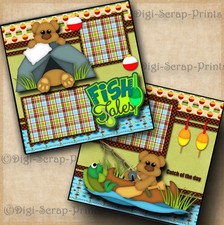 FISH TALES  2 premade scrapbook pages paper piecing layout FISHING  DIGISCRAP