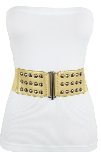 Women Wide Gold Stretch Wide Band Metal Studs Long Buckle Fashion Belt Size M L - Picture 2 of 12