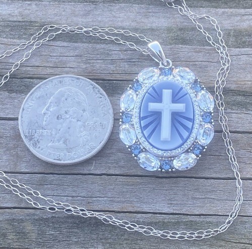 Ralph Lauren Cross Necklace .925 Sterling Silver with London blue topaz - Picture 11 of 12