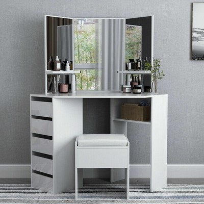 Modern White Dressing Table Jewelry Makeup Desk W Mirror 5 Drawer