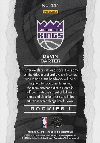 2024-25 Panini Court Kings - Rookies I Devin Carter #114 (RC) - Kings - Picture 2 of 3