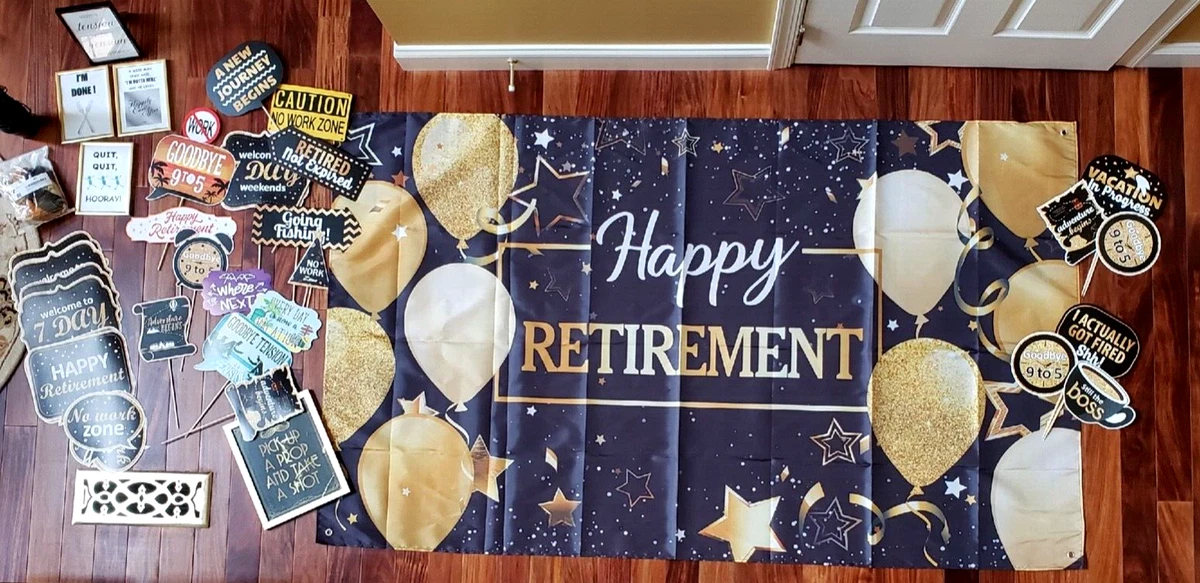 RETIREMENT PARTY DECORATIONS BUNDLE:PRE-OWNED BALLOONS,SIGNS,PHOTO  PROPS,ETC.