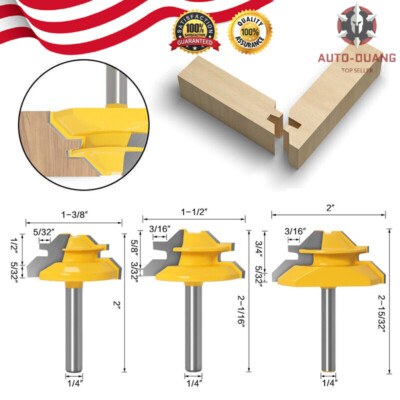3Pcs 45 Degree Lock Miter Router Bit Set,1/2'',5/8'',3/4'' Cutting Height,1/4''Shank