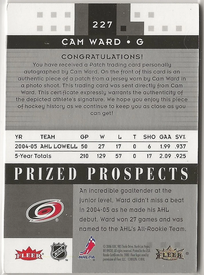 2005-06 Hot Prospects Jersey Auto Rookie #227 Cam Ward 325/349 Carolina - Image 2 of 2