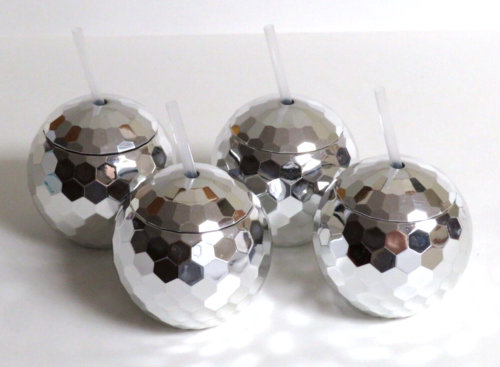 4 New Silver Disco Ball Drinking Cups Reusable Straws Fun 70s Party New Year's