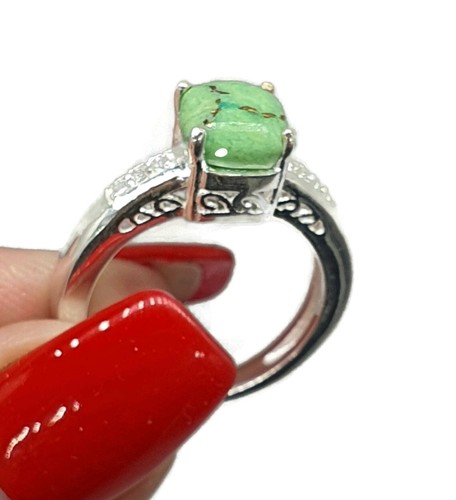 Green Mojave Turquoise & Zircon Ring, Size 8, Sterling Silver, Cushion Cut - Picture 5 of 7