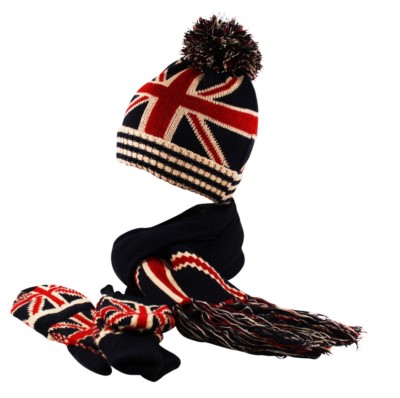 Ribbed Knit GB Union Jack Beanie Fingerless Gloves Mittens Scarf Set Cap  Hat UK