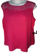 CHAPS Blouse Size 3X Hot Pink Crinkle Knit Lace Trim Sleeveless Boat Neck