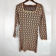 Jolie & Joy Tan Black Geometric Square Print Bodycon Sweater Dress J3K0674S XS