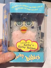 1999 Vintage Furby Babies Box W/ Snow Leopard Grey Pink Yellow Around Green Eyes