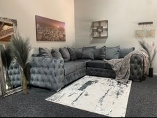 5 Seater Ashton Corner Sofa Grey Velvet Scatter back Chesterfield Settee Couch