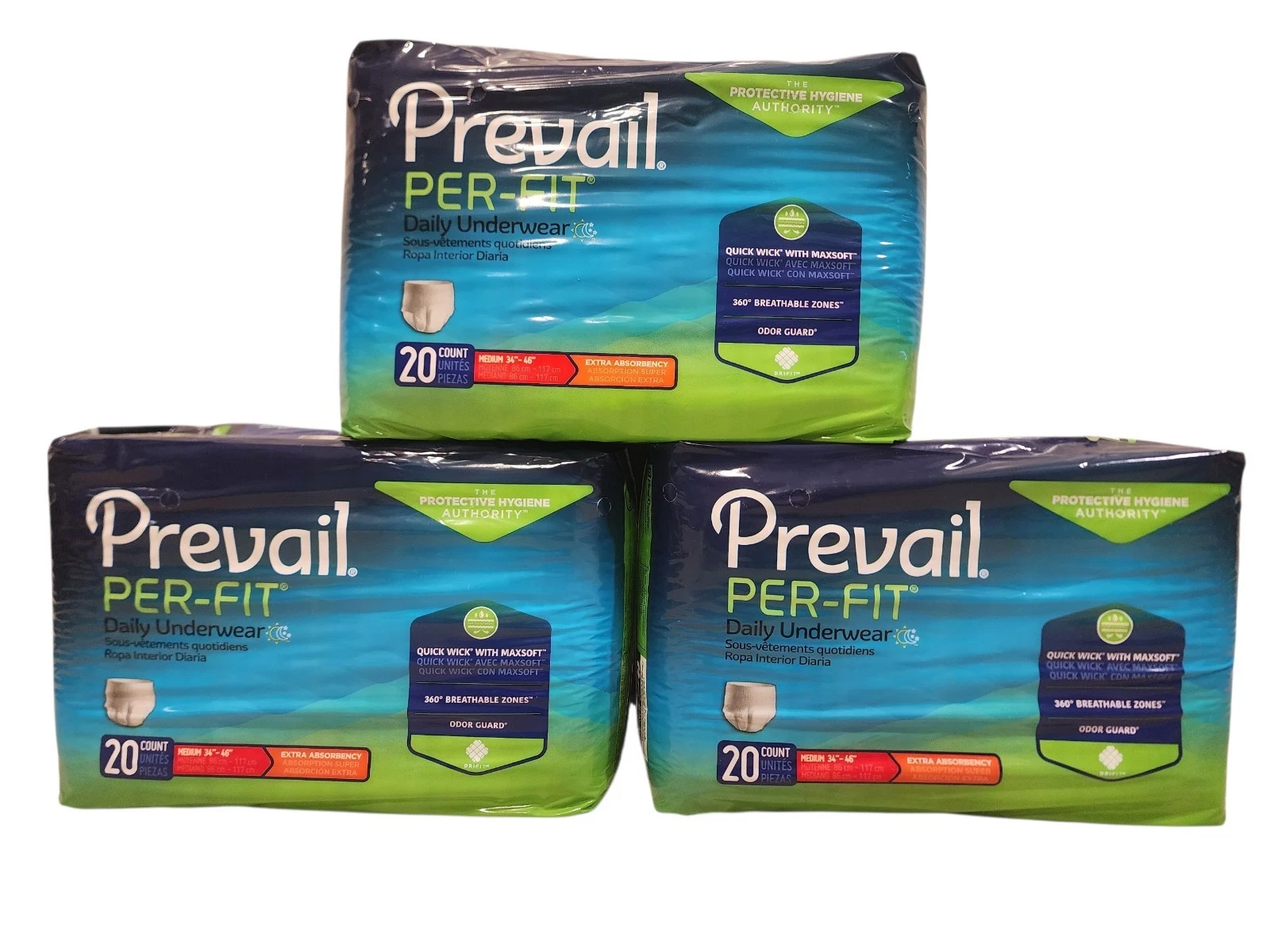 Prevail Unisex Underwear 20-Pack Size Medium 34"-46" (Lot Of 3)