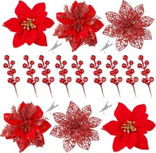 30 Pcs 3 Styles Christmas Glitter Poinsettia Flowers Artificial Berry Picks