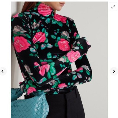 Richard Quinn Velvet Floral Rose Turtleneck Mock Neck Top Black Pink 8 Medium