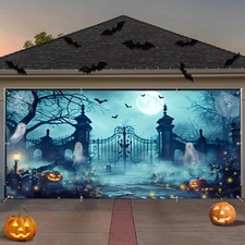7X16Ft Halloween Garage Door Cover Decorations Halloween Outdoor Hanging Banner