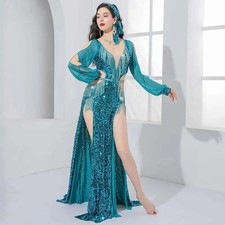 Brilliant Sequins Dress Belly Dance Costume Performance Set Long Sleeves Dresses