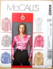 McCall's M4922 Semi-Fitted Blouse Princess Seams Sleeve Variations Sz 6-8-10-12