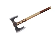 Double Headed Battle Axe with Wood Handle + Leather Blade Cover – Handmade