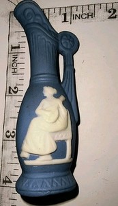 4" Blue Porcelain White Cameo Greek Woman & Lute Water Pitcher Miniature Vintage