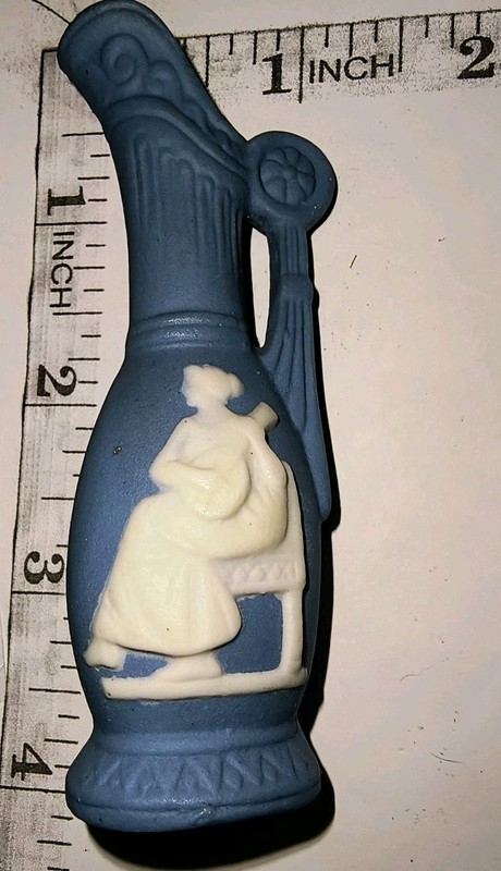4" Blue Porcelain White Cameo Greek Woman & Lute Water Pitcher Miniature Vintage