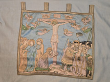 Antiker Wandbehang Stickerei Jesus Kreuzigung &ndash; religi&ouml;ses Textil Handarbeit