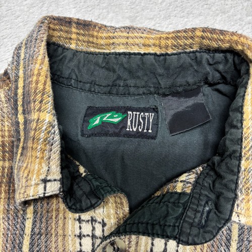 VTG Rusty Brand Shirt Flannel Mens Large 90s Surf Skate Grunge Brown Plaid Y2K - Picture 5 of 7