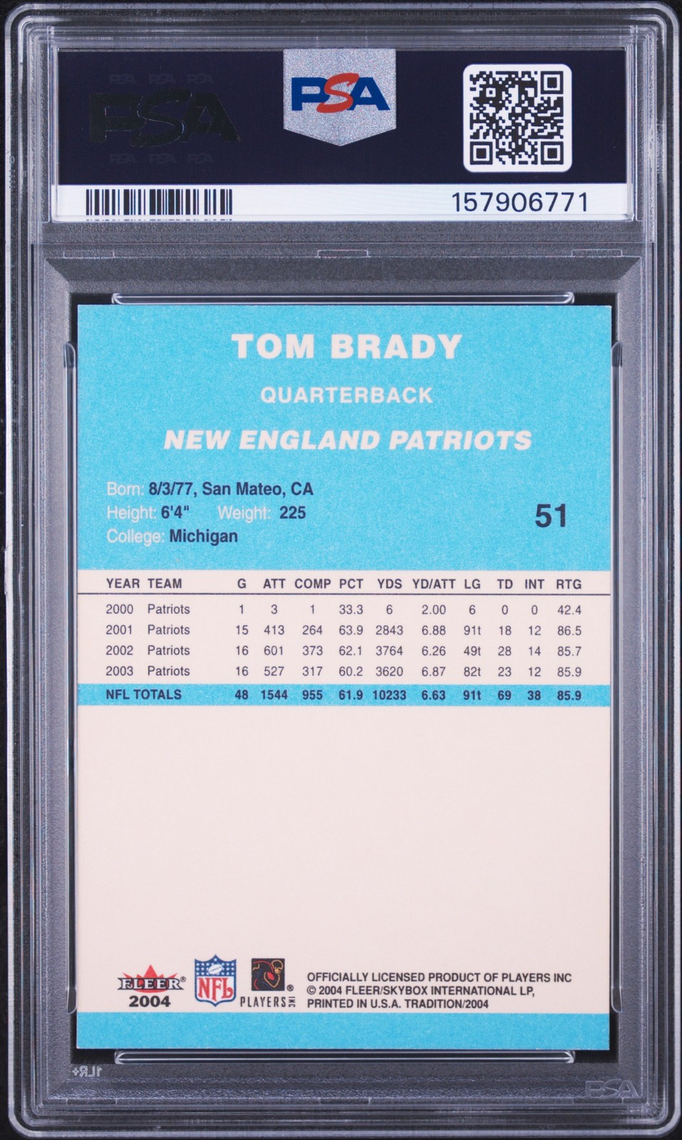 2004 FLEER TRADITION BLUE #51 TOM BRADY PSA 6 view 2