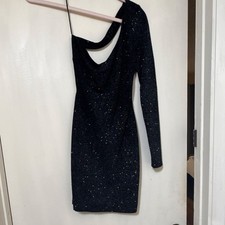Black Glitter Bodycon Dress One Shoulder Long Sleeve Cowl Neck Short Party Women