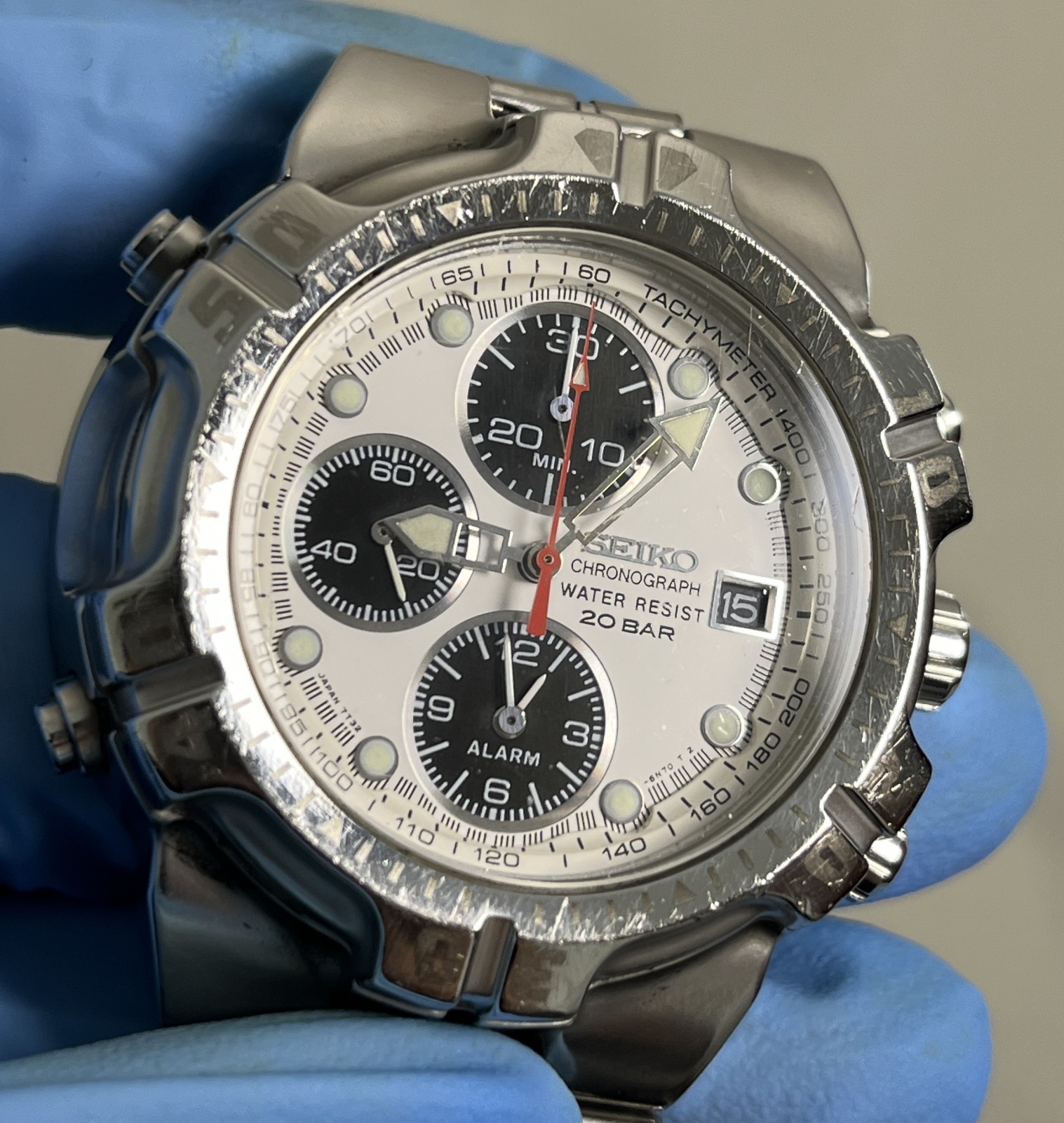 SEIKO Chronograph 7T32-6K30 Panda White Dial 200M Quartz  Watch Japan - Rank B image 5