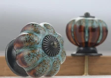 4 Turquoise Blue w/Mahogany GLASS Cabinet Drawer Knobs Depression brass Hardware