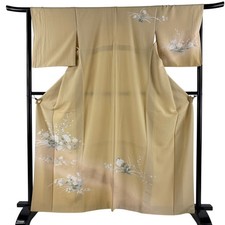 Japanese Silk Houmongi Kimono M 163cm Grass and flowers Gradation Excellent 4013
