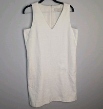 Loft Dress Women’s 6 V-Neck White Shift Sleeveless Lined Striped Embroidered