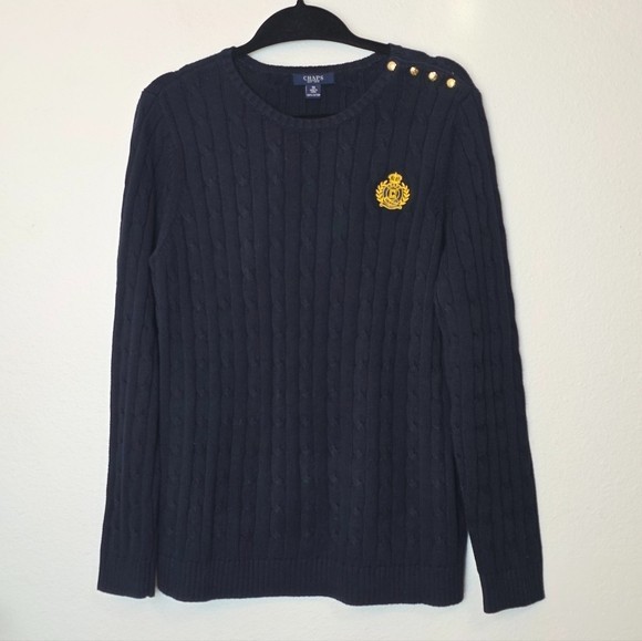 Chaps Sz 1X Cable Knit Navy Blue Embroidered Crest 100% Cotton Sweater Old Money