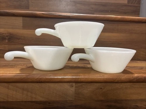Vintage Anchor Hocking Fire King 3 White Milk Glass Soup Chili Bowls with Handle