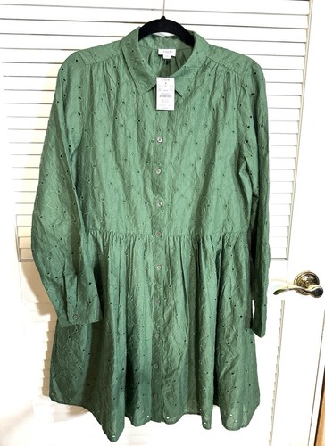 J.Crew Eyelet Mini Shirtdress Women’s 10 Green Long Sleeve Cotton Pockets New
